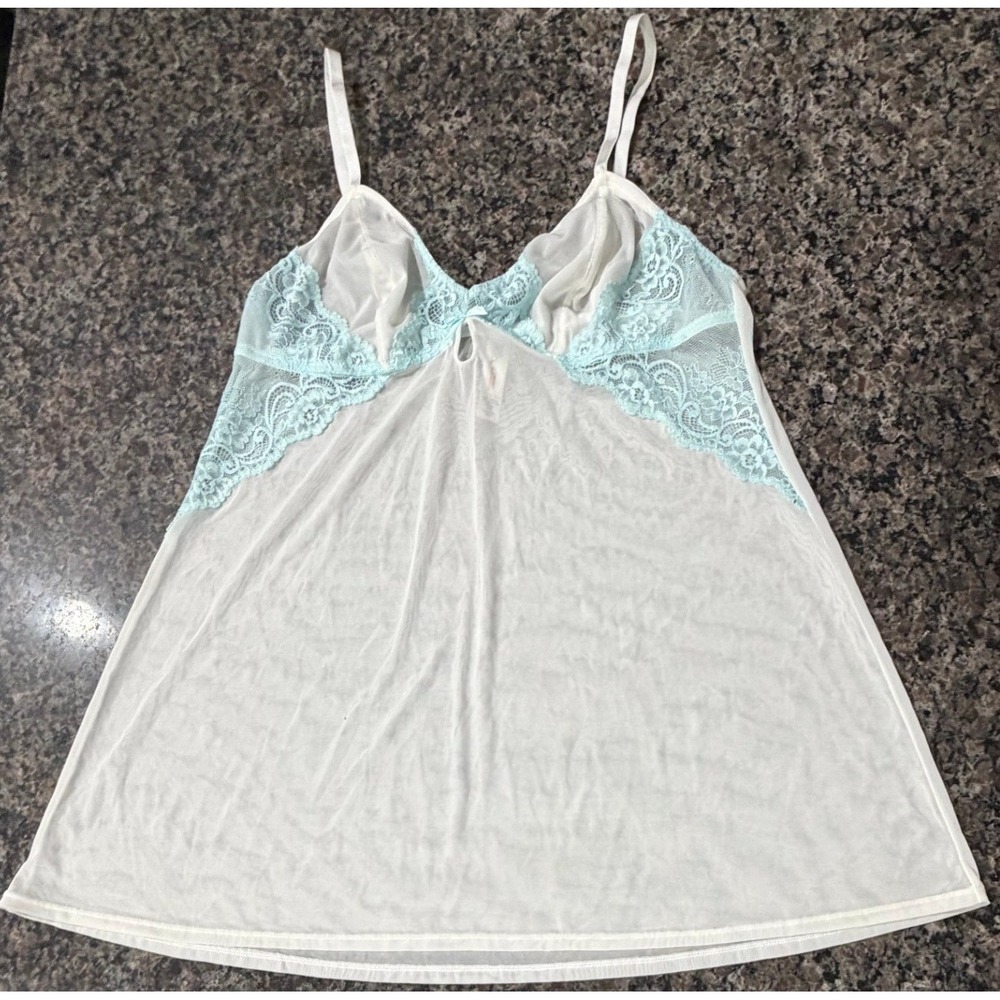 Gilligan‎ & O'Malley White Sheer Mesh Blue Lace Trim Babydoll Chemise XL